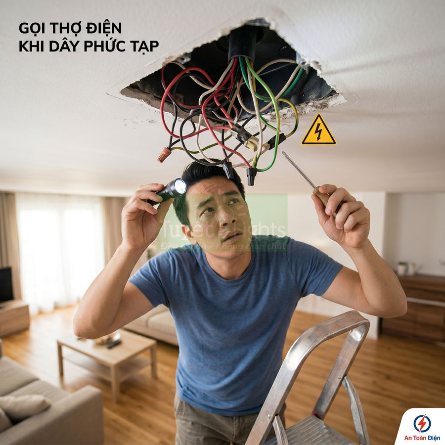 Thợ điện kiểm tra và sửa chữa hệ thống dây điện phức tạp trên trần nhà trong phòng khách