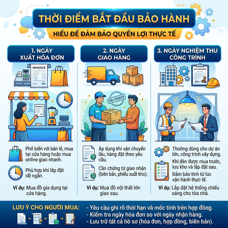 Infographic thời điểm bắt đầu bảo hành theo ngày xuất hóa đơn, ngày giao hàng và ngày nghiệm thu công trình