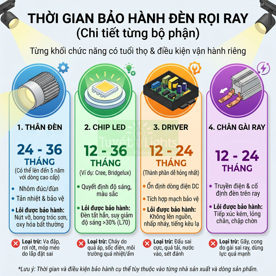 Infographic thời gian bảo hành đèn rọi ray LED theo từng bộ phận thân đèn chip LED driver chân gài ray