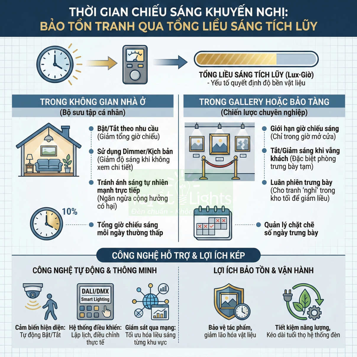 Infographic hướng dẫn thời gian chiếu sáng khuyến nghị để bảo tồn tranh qua tổng liều sáng tích lũy trong nhà ở và bảo tàng