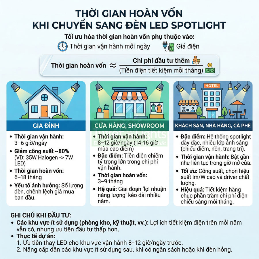 Infographic thời gian hoàn vốn khi chuyển sang đèn LED spotlight cho gia đình, cửa hàng, khách sạn