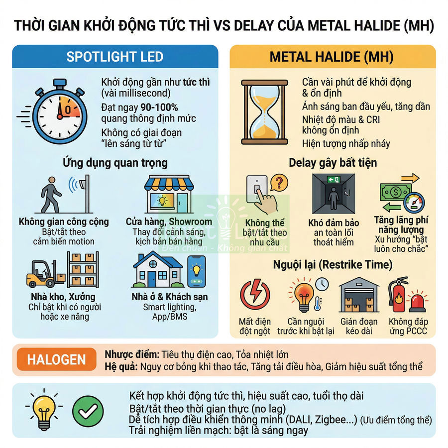 So sánh thời gian khởi động đèn spotlight LED và đèn Metal Halide, ưu nhược điểm và ứng dụng thực tế