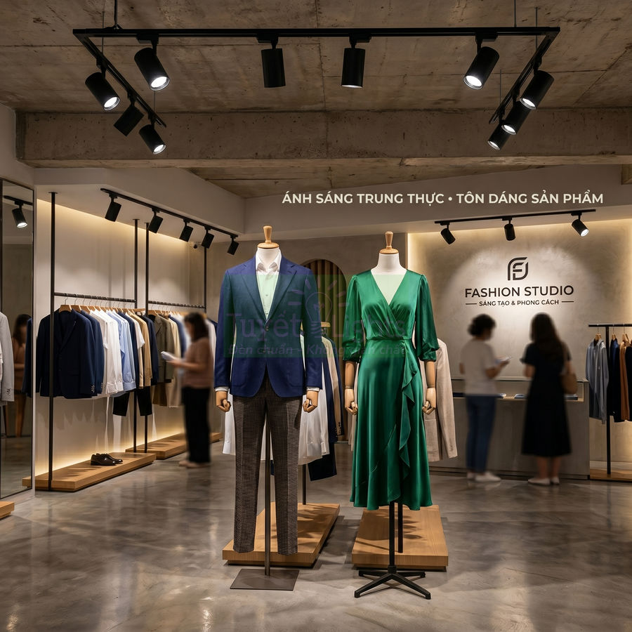 Manocanh trưng bày vest nam xanh và váy lụa xanh trong cửa hàng thời trang cao cấp Fashion Studio