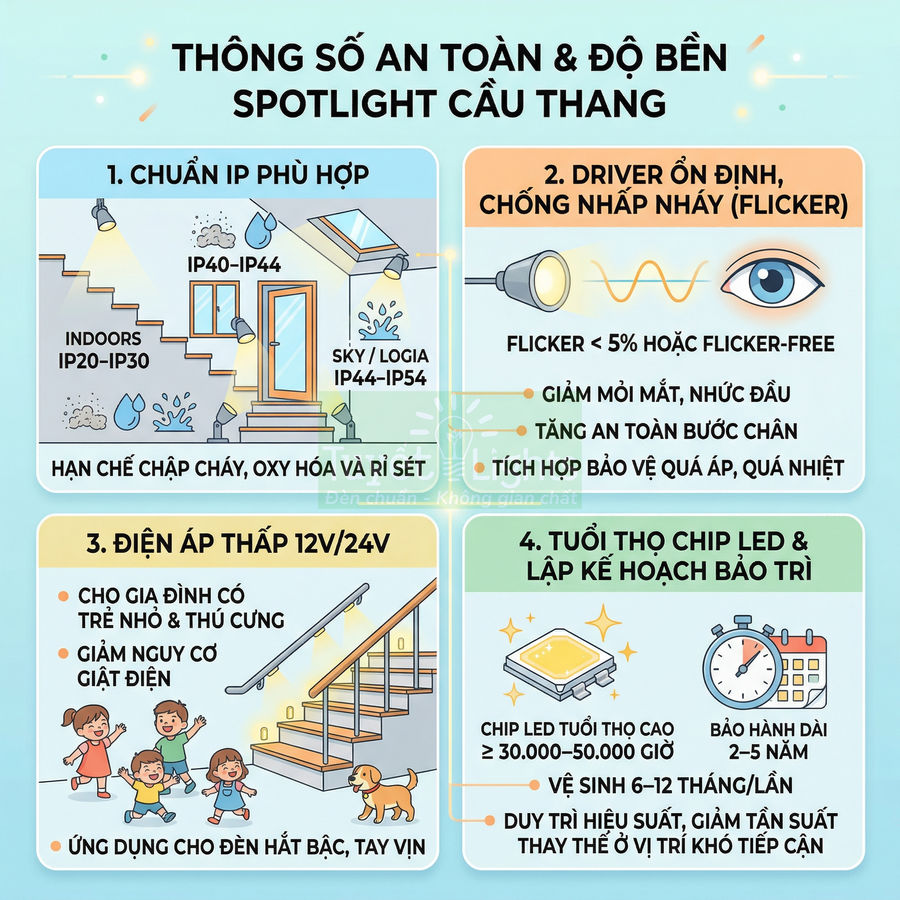 Infographic thông số an toàn và độ bền đèn spotlight cầu thang LED cho gia đình, chống nhấp nháy, chống nước, điện áp thấp