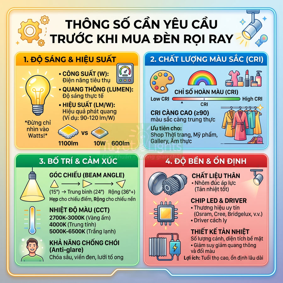 Infographic thông số cần biết trước khi mua đèn rọi ray LED về độ sáng, màu sắc, bố trí và độ bền