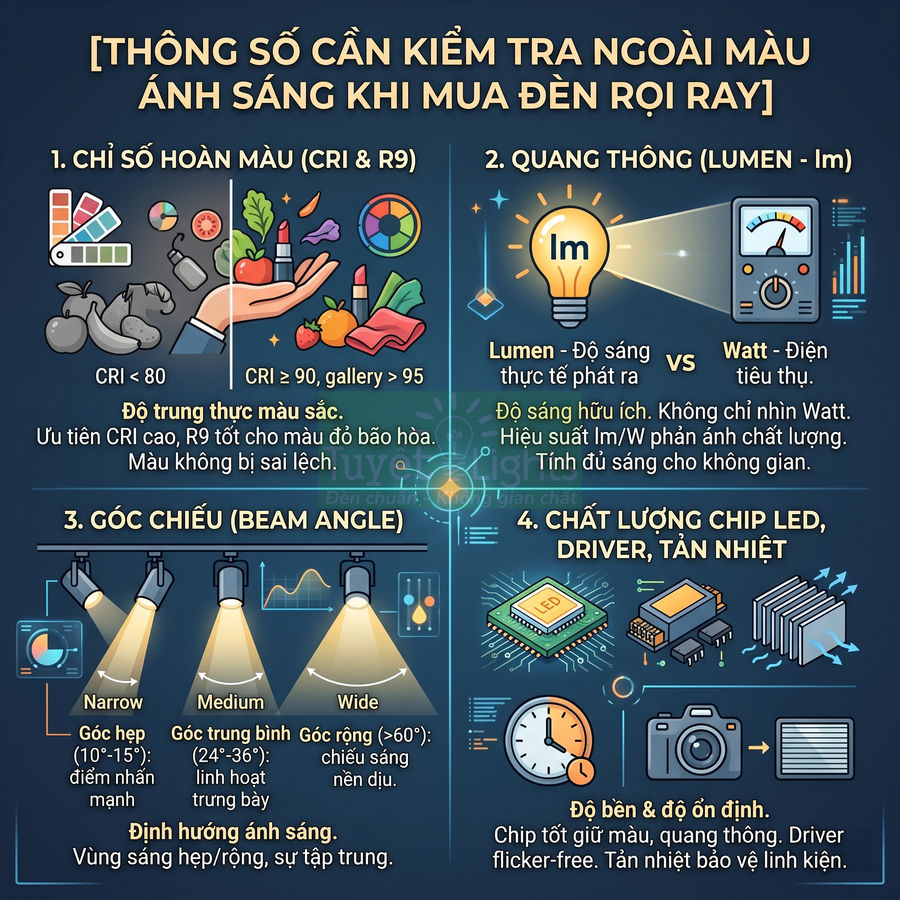 Infographic hướng dẫn chọn đèn rọi ray LED theo chỉ số CRI, quang thông, góc chiếu và chất lượng chip, driver, tản nhiệt