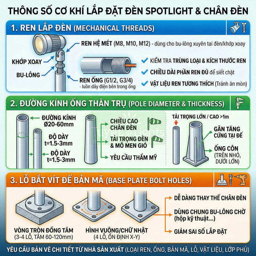Thông số cơ khí lắp đặt đèn spotlight và chân đèn, hướng dẫn chọn ren, ống thân trụ và lỗ bắt vít bản mã