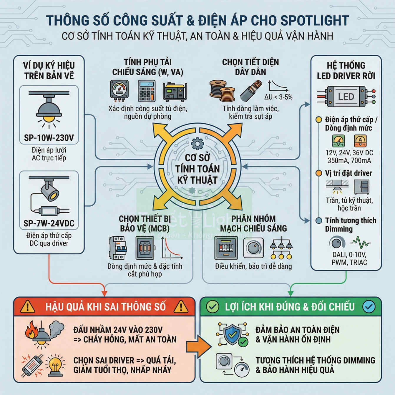 Infographic thông số công suất và điện áp cho đèn spotlight LED, hướng dẫn chọn driver, dây dẫn và thiết bị bảo vệ