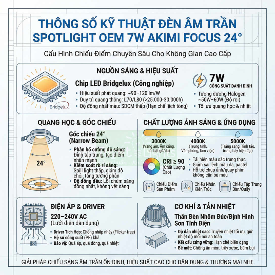 Thông số kỹ thuật đèn âm trần spotlight OEM 7W Akimi Focus 24 độ cho chiếu điểm không gian cao cấp