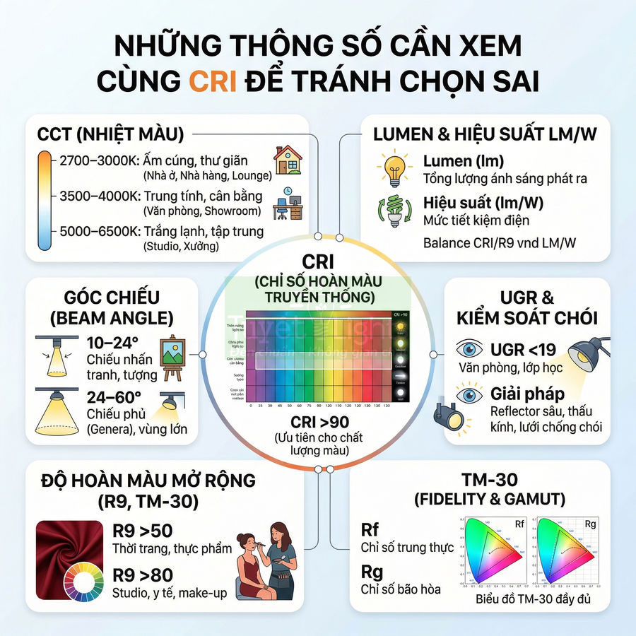 Thông số CRI và các yếu tố CCT, lumen, góc chiếu, UGR, TM-30 khi chọn đèn chiếu sáng chất lượng cao
