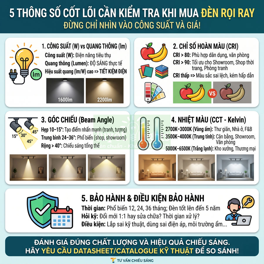 Infographic hướng dẫn chọn mua đèn rọi ray với 5 thông số quan trọng về công suất, CRI, góc chiếu, nhiệt màu và bảo hành