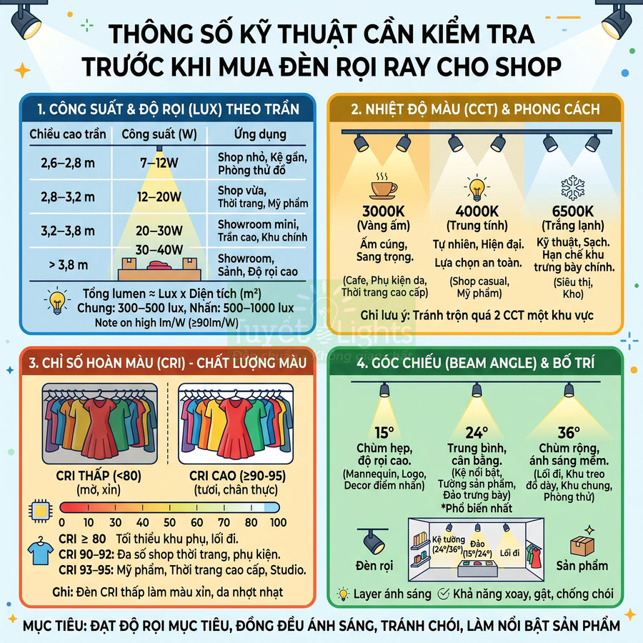 Infographic thông số kỹ thuật cần kiểm tra khi mua đèn rọi ray cho shop thời trang và cửa hàng