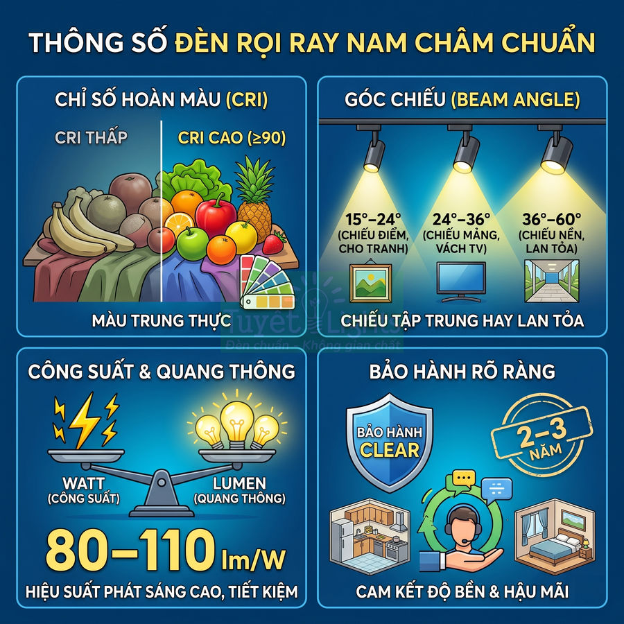 Thông số đèn rọi ray nam châm chuẩn về CRI, góc chiếu, công suất, quang thông và bảo hành 2 đến 3 năm