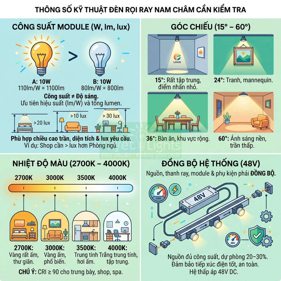 Infographic thông số kỹ thuật đèn rọi ray nam châm: công suất, góc chiếu, nhiệt độ màu và đồng bộ hệ thống 48V