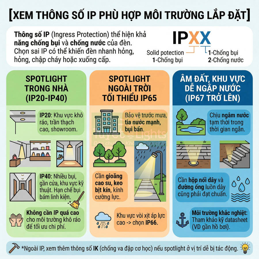 Infographic hướng dẫn chọn đèn spotlight theo chỉ số IP chống bụi nước cho trong nhà, ngoài trời và khu vực ngập nước