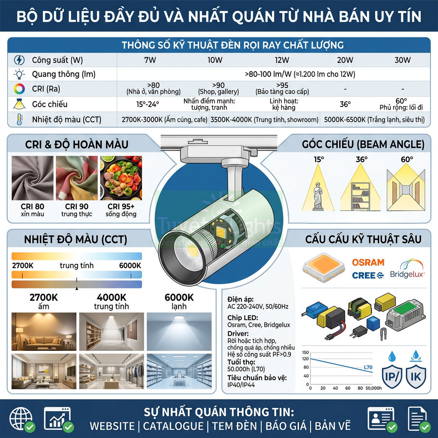 Thông số kỹ thuật và cấu tạo đèn rọi ray LED dùng chip Osram Cree Bridgelux cho cửa hàng showroom