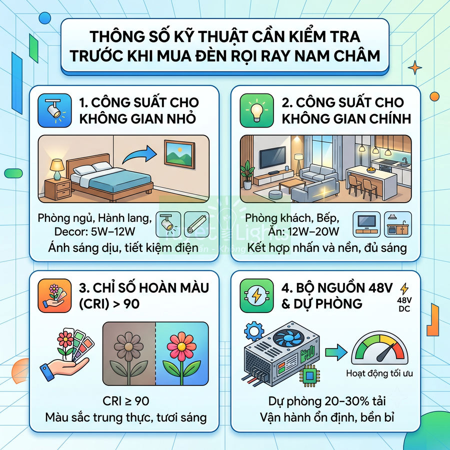 Infographic thông số kỹ thuật cần kiểm tra khi mua đèn rọi ray nam châm cho từng không gian trong nhà