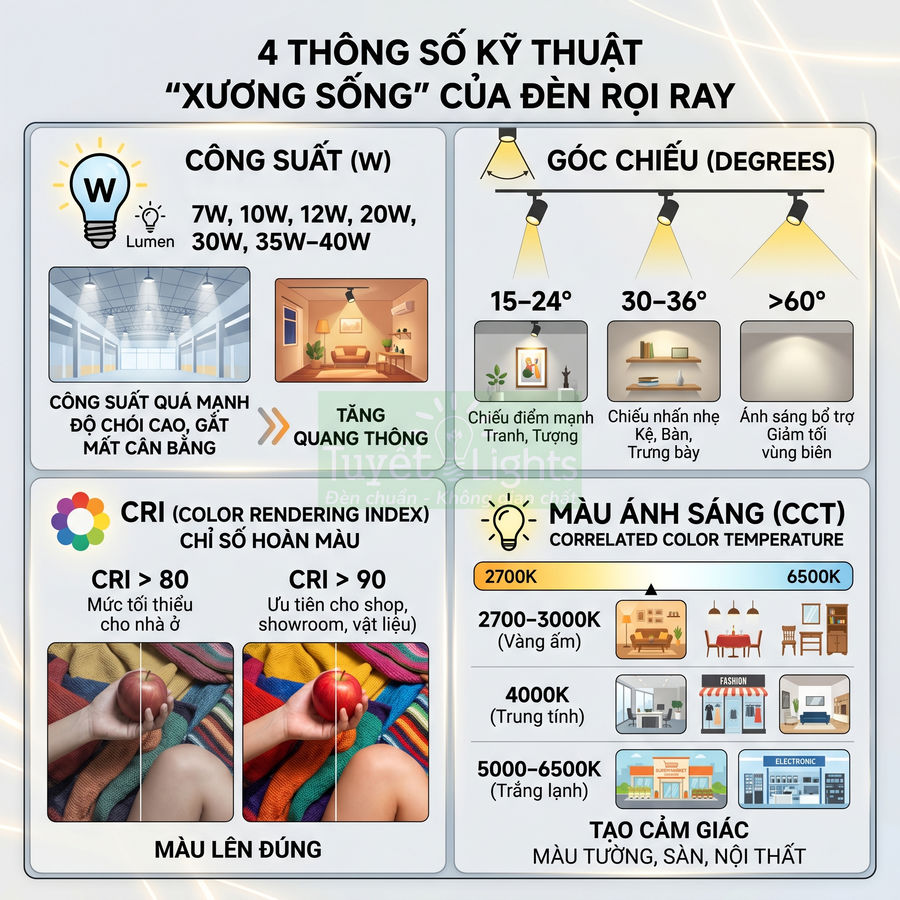 Infographic 4 thông số kỹ thuật quan trọng khi chọn đèn rọi ray: công suất, góc chiếu, CRI và màu ánh sáng CCT