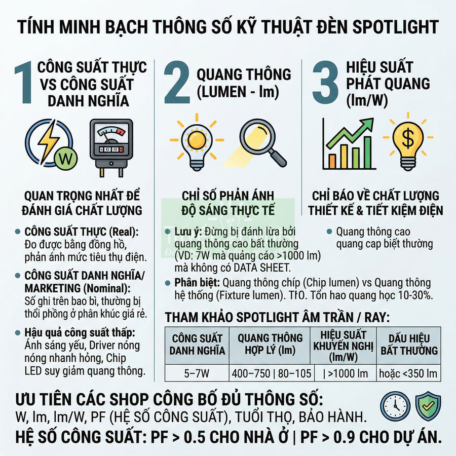 Thông số kỹ thuật đèn spotlight âm trần, giải thích công suất, quang thông và hiệu suất phát quang để chọn đèn LED chất lượng