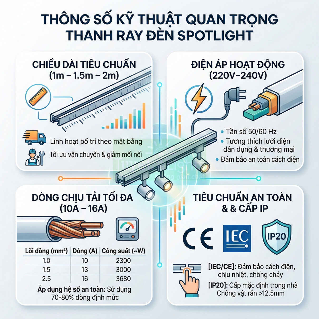Thông số kỹ thuật thanh ray đèn spotlight: chiều dài, điện áp, dòng chịu tải, tiêu chuẩn an toàn và cấp IP