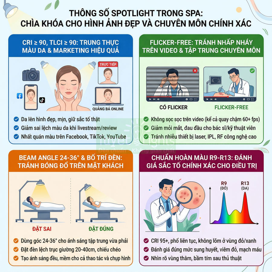 Infographic thông số đèn spotlight cho spa, hướng dẫn chọn CRI cao, flicker free và góc chiếu chuẩn để chiếu sáng điều trị da