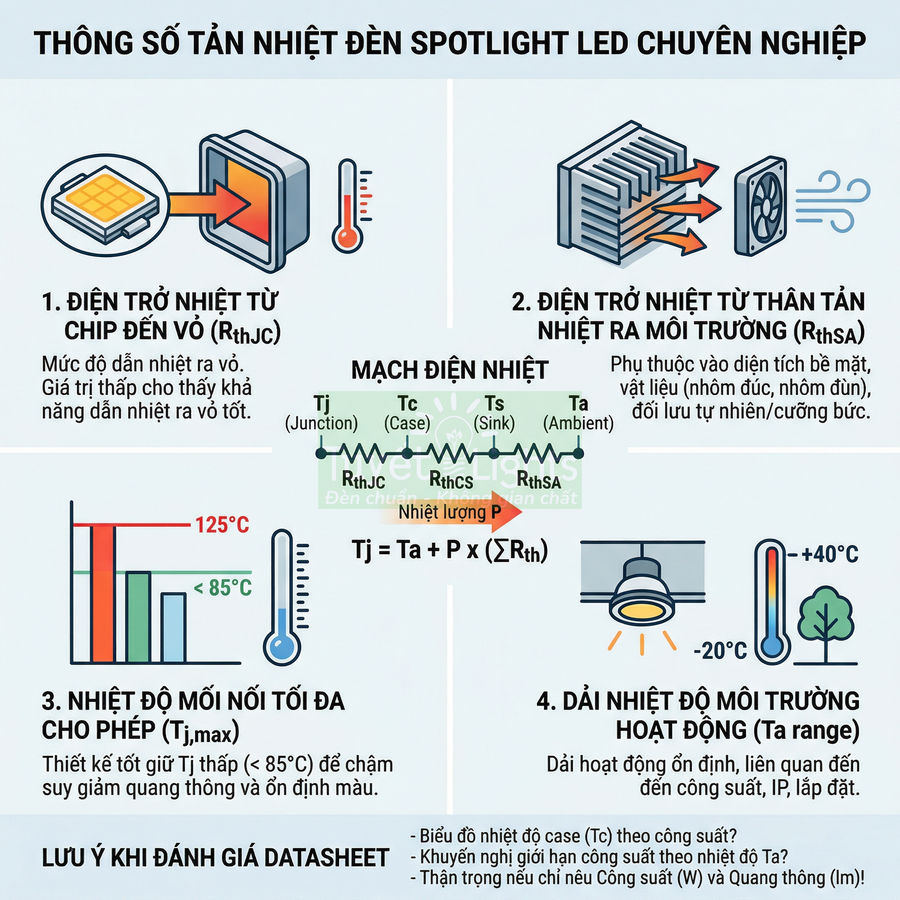 Thông số tản nhiệt và dải nhiệt độ hoạt động của đèn spotlight LED chuyên nghiệp