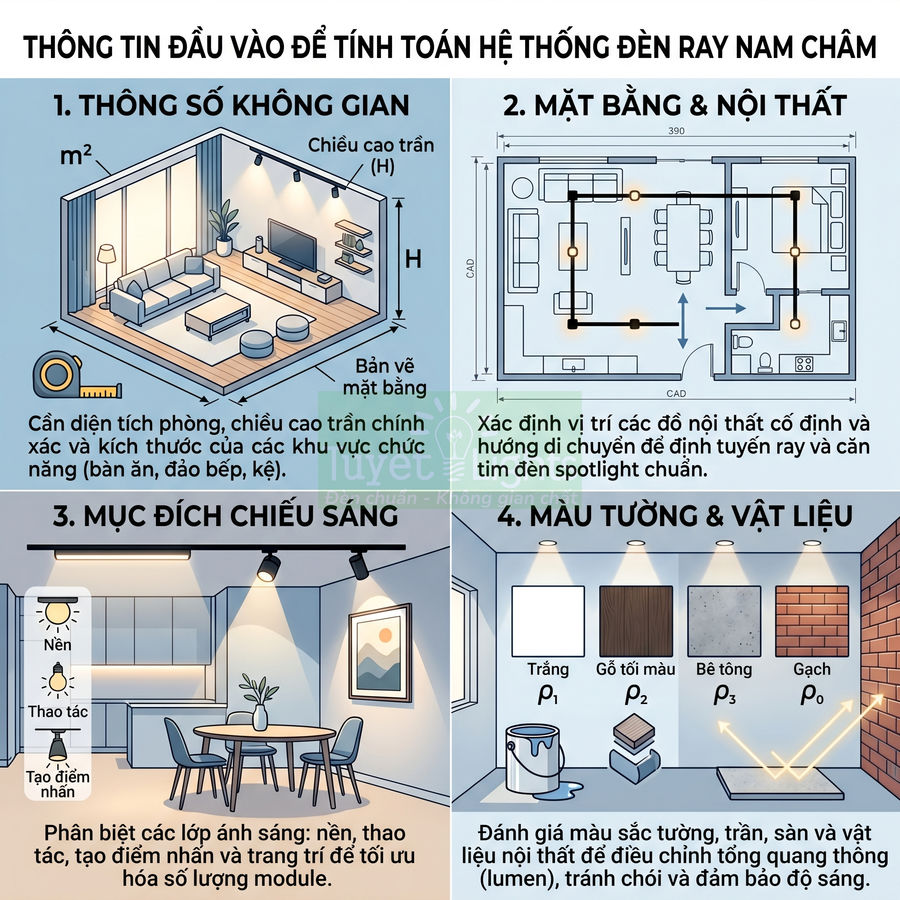 Hướng dẫn tính toán và bố trí hệ thống đèn ray nam châm cho phòng khách và phòng ăn trong nhà