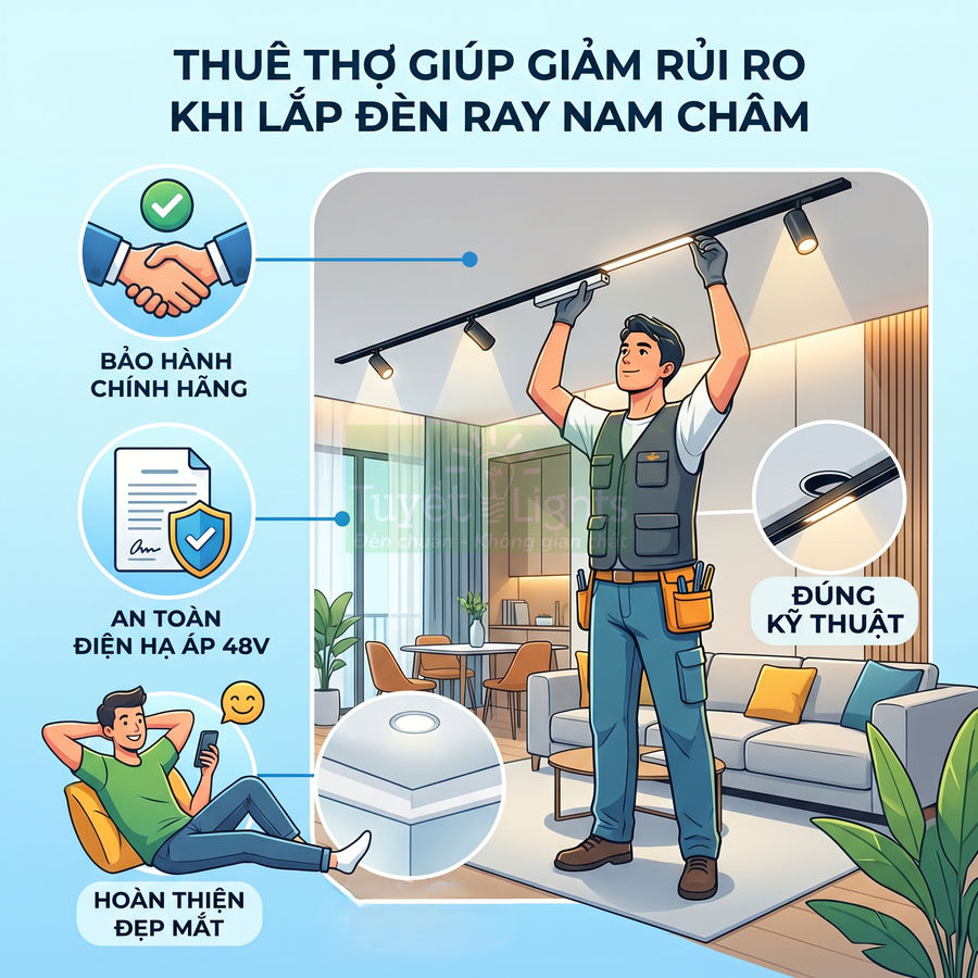 Thợ điện đang lắp đặt đèn ray nam châm trong phòng khách hiện đại, đảm bảo an toàn và hoàn thiện đẹp mắt
