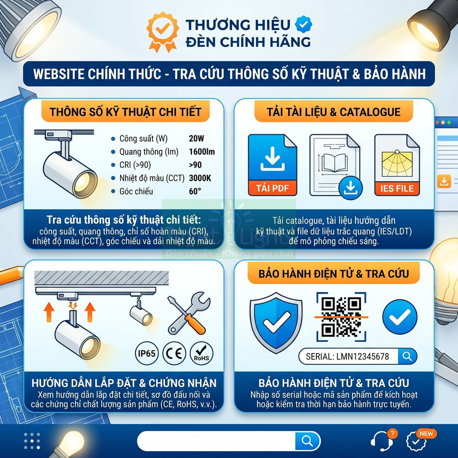 Infographic tra cứu thông số kỹ thuật, lắp đặt và bảo hành đèn chiếu sáng thương hiệu chính hãng