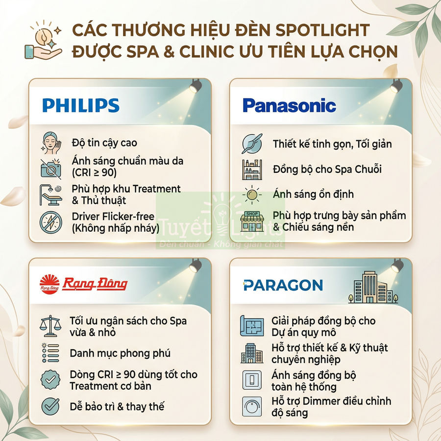 Infographic so sánh ưu điểm đèn spotlight thương hiệu Philips, Panasonic, Rạng Đông và Paragon cho spa và clinic