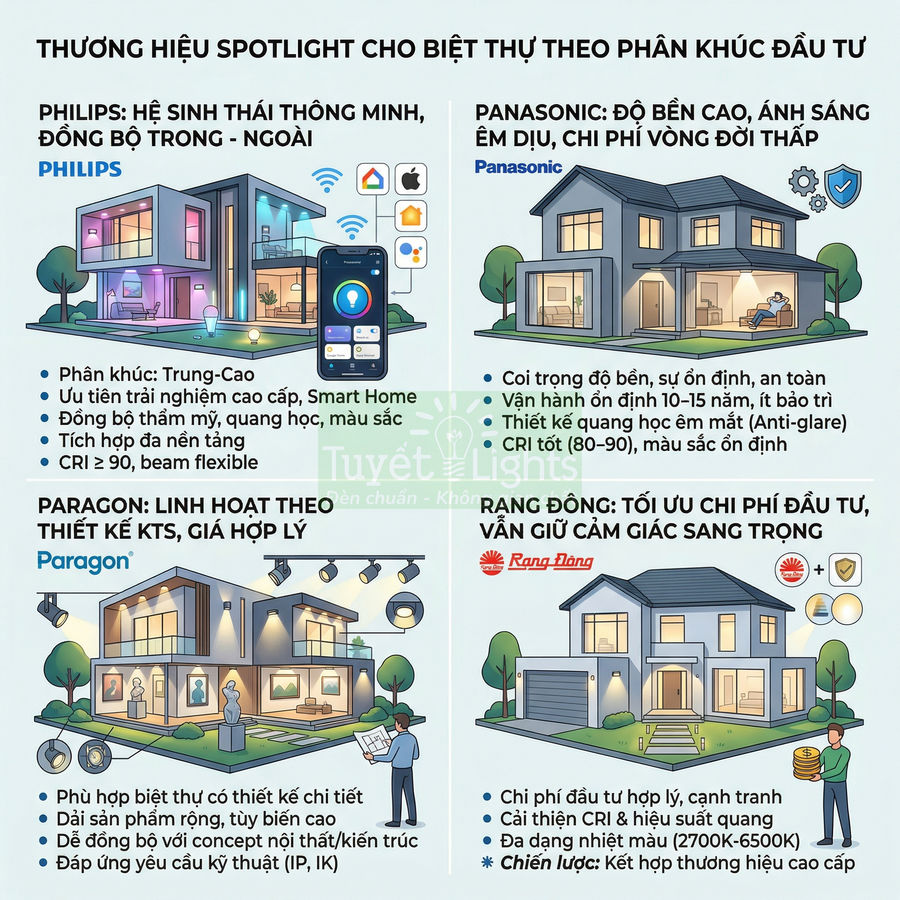 Infographic so sánh thương hiệu đèn spotlight Philips, Panasonic, Paragon, Rạng Đông cho biệt thự cao cấp