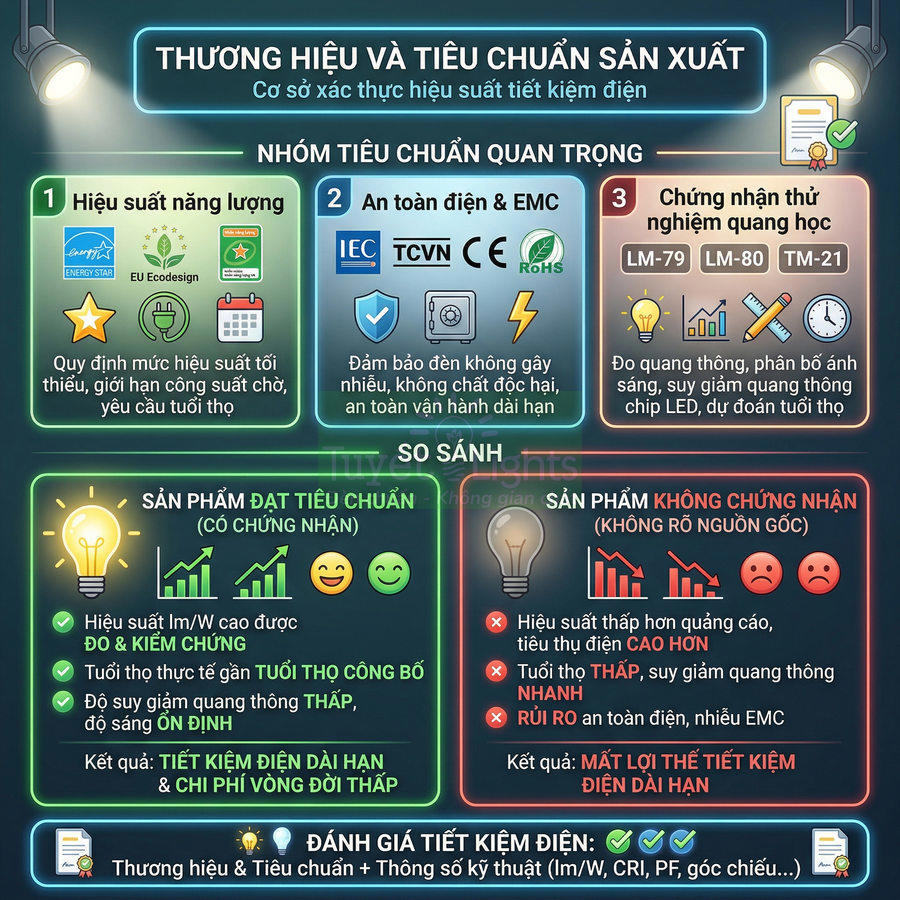 Infographic so sánh sản phẩm chiếu sáng đạt tiêu chuẩn tiết kiệm điện và sản phẩm không chứng nhận