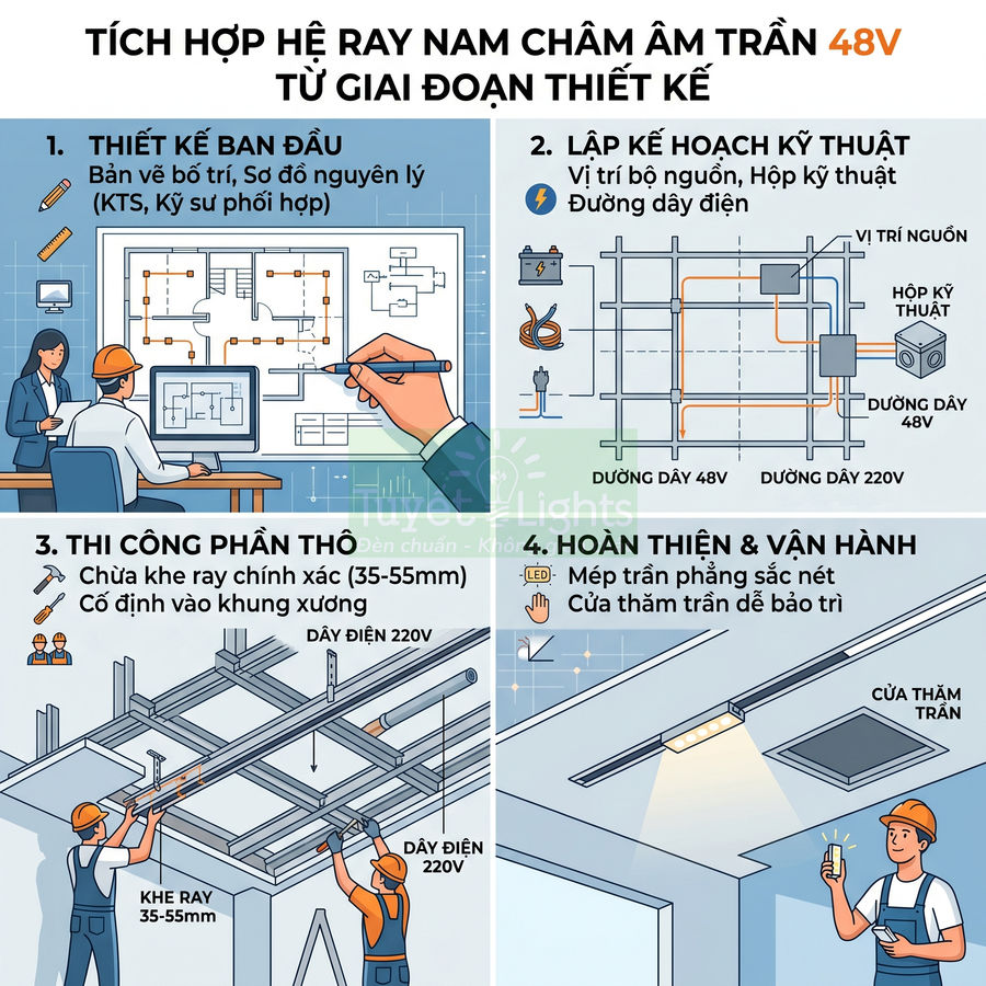 Quy trình lắp đặt hệ ray nam châm âm trần 48V từ thiết kế đến hoàn thiện và vận hành