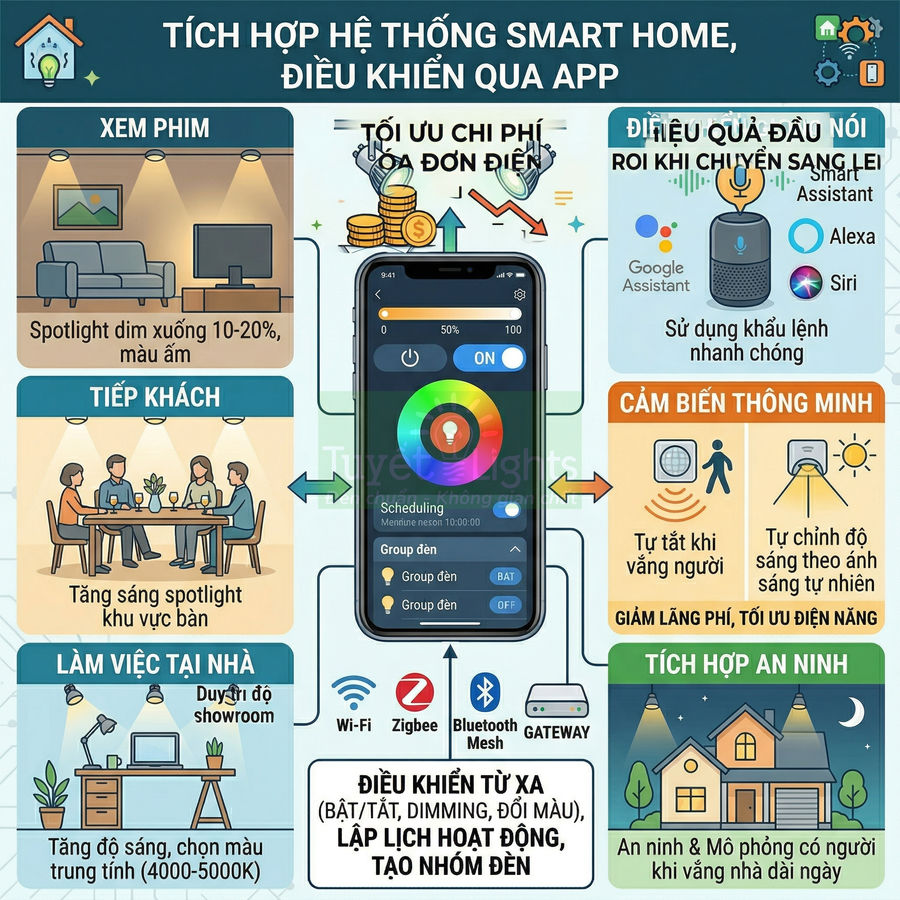 Hệ thống đèn smart home điều khiển qua app trên điện thoại, hỗ trợ cảm biến, trợ lý ảo và tích hợp an ninh