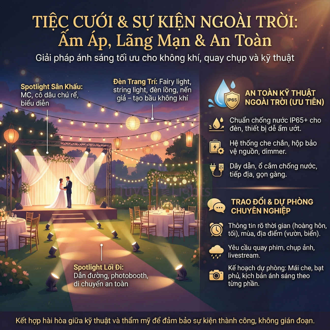 Giải pháp ánh sáng sân khấu và đèn trang trí cho tiệc cưới ngoài trời ấm áp lãng mạn an toàn