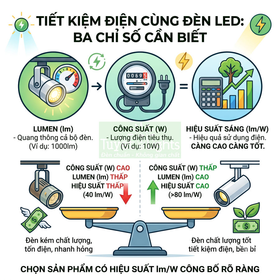 Infographic hướng dẫn chọn đèn LED tiết kiệm điện dựa trên lumen công suất và hiệu suất sáng lmW