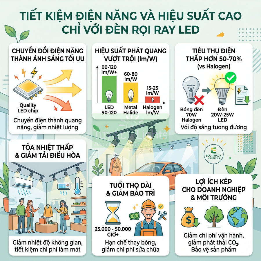 Infographic lợi ích tiết kiệm điện và hiệu suất cao của đèn rọi ray LED cho cửa hàng và doanh nghiệp