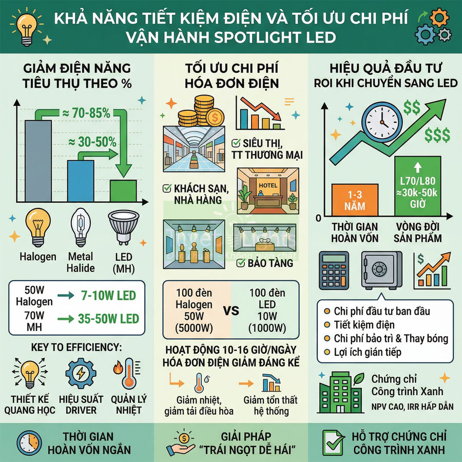 Infographic lợi ích tiết kiệm điện và chi phí vận hành khi sử dụng đèn spotlight LED so với halogen và metal halide