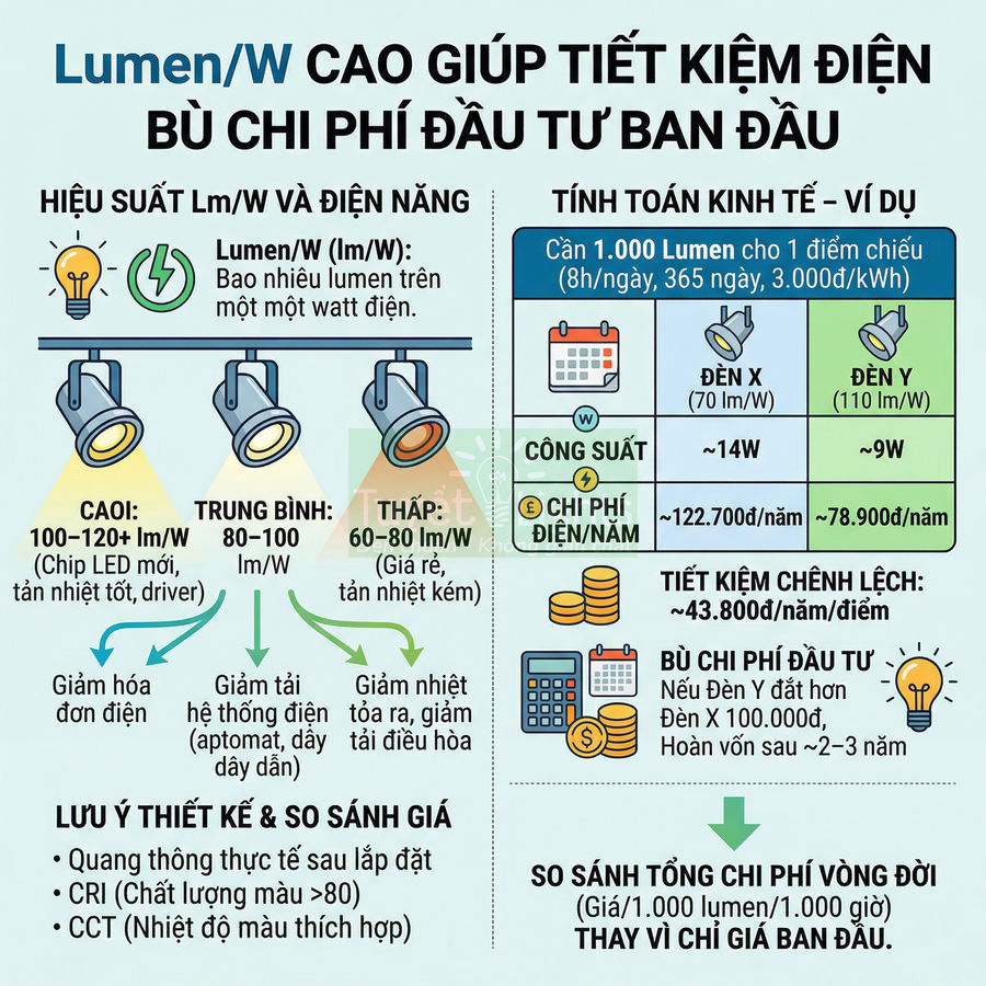 Infographic so sánh hiệu suất và chi phí điện của các loại đèn LED theo chỉ số lumen trên watt