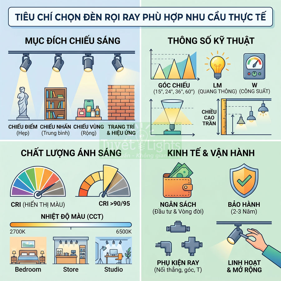 Tiêu chí chọn đèn rọi ray: mục đích chiếu sáng, thông số kỹ thuật, chất lượng ánh sáng, kinh tế và vận hành