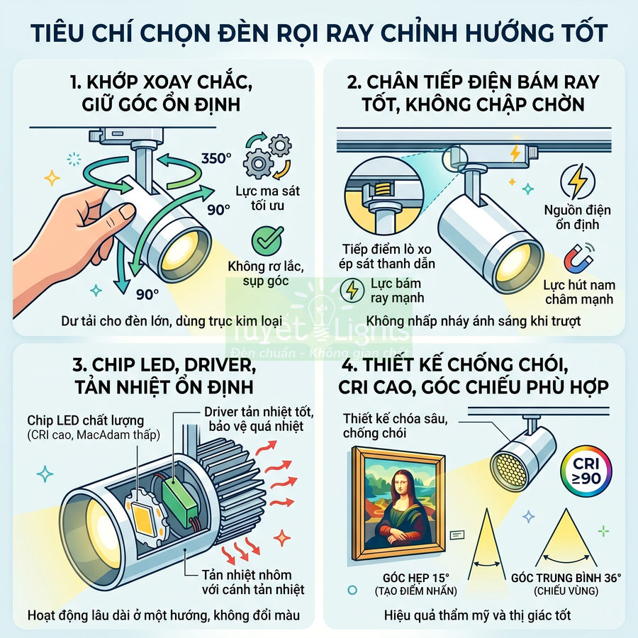 Infographic tiêu chí chọn đèn rọi ray LED chỉnh hướng tốt, nhấn mạnh khớp xoay chắc, tản nhiệt ổn định, chống chói