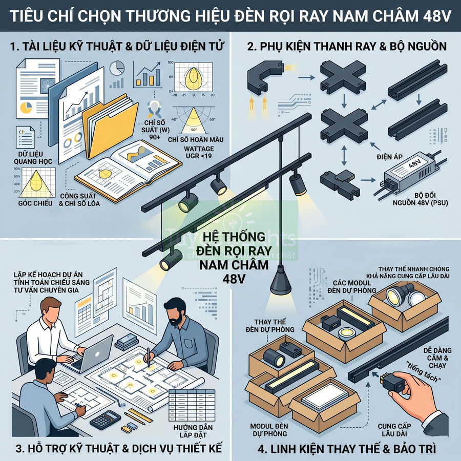 Tiêu chí chọn hệ thống đèn rọi ray nam châm 48V với phụ kiện, lắp đặt và linh kiện bảo trì
