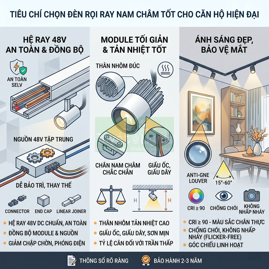 Infographic tiêu chí chọn đèn rọi ray nam châm 48V an toàn, tản nhiệt tốt, ánh sáng đẹp bảo vệ mắt cho căn hộ hiện đại
