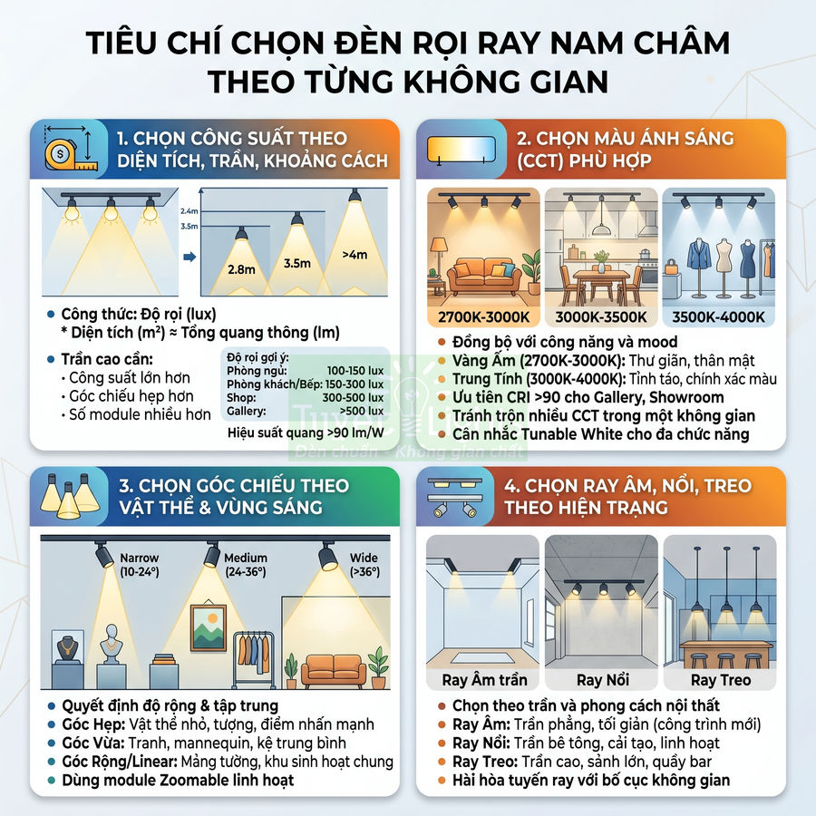 Tiêu chí chọn đèn rọi ray nam châm cho từng không gian với minh họa công suất, màu ánh sáng và góc chiếu
