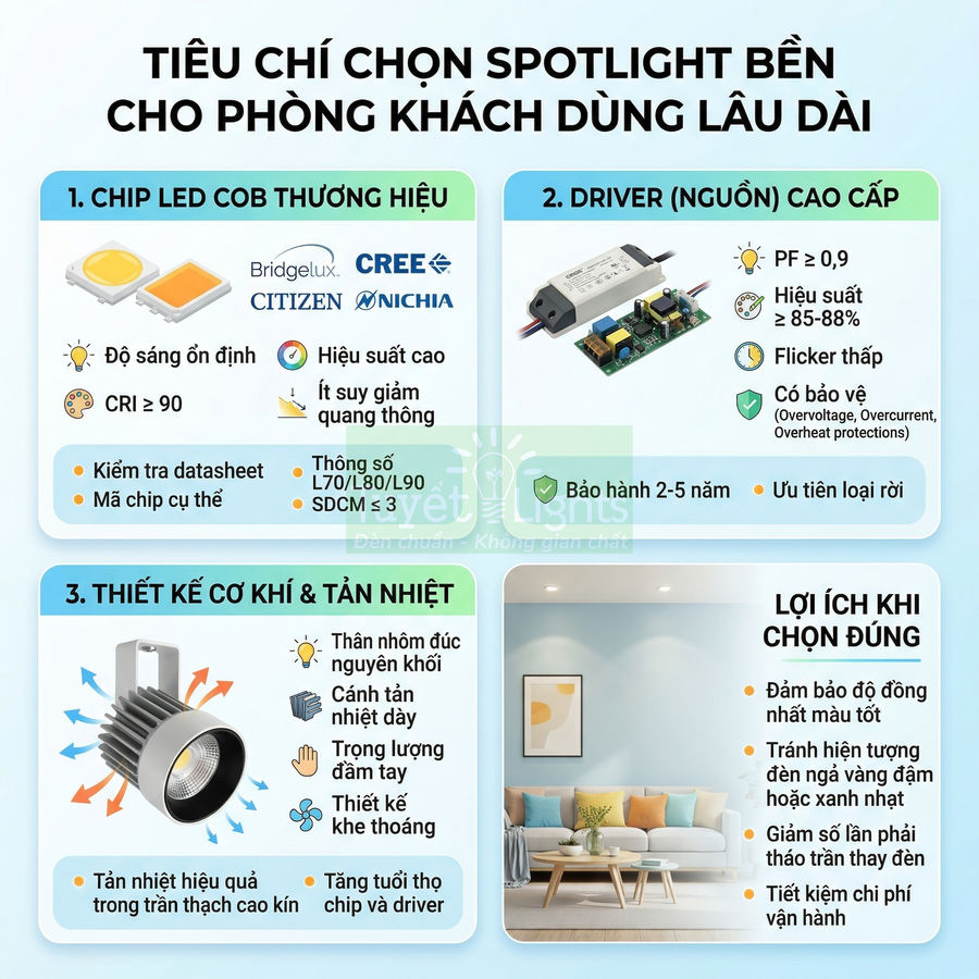 Tiêu chí chọn đèn spotlight LED bền cho phòng khách với chip COB, driver cao cấp và thiết kế tản nhiệt hiệu quả