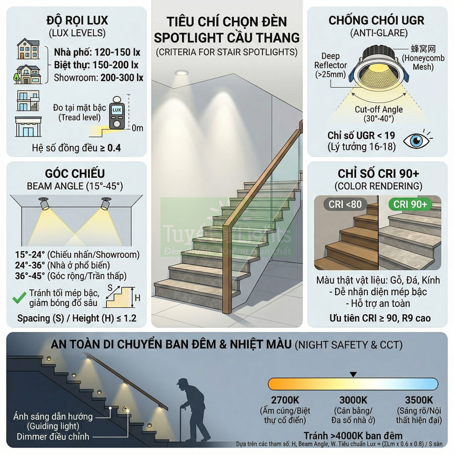 Infographic hướng dẫn chọn đèn spotlight cầu thang về độ rọi lux, góc chiếu, chống chói, chỉ số CRI và nhiệt màu an toàn ban đêm