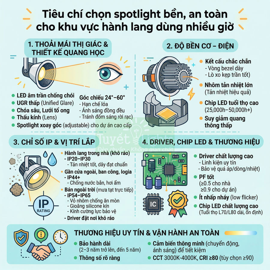 Tiêu chí chọn đèn spotlight LED bền an toàn cho hành lang sử dụng nhiều giờ