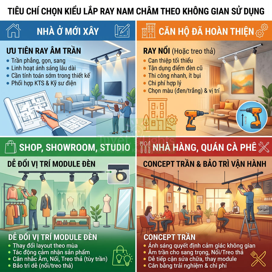 Infographic tiêu chí chọn ray nam châm âm trần và ray nổi cho nhà ở, shop, showroom, nhà hàng, quán cà phê