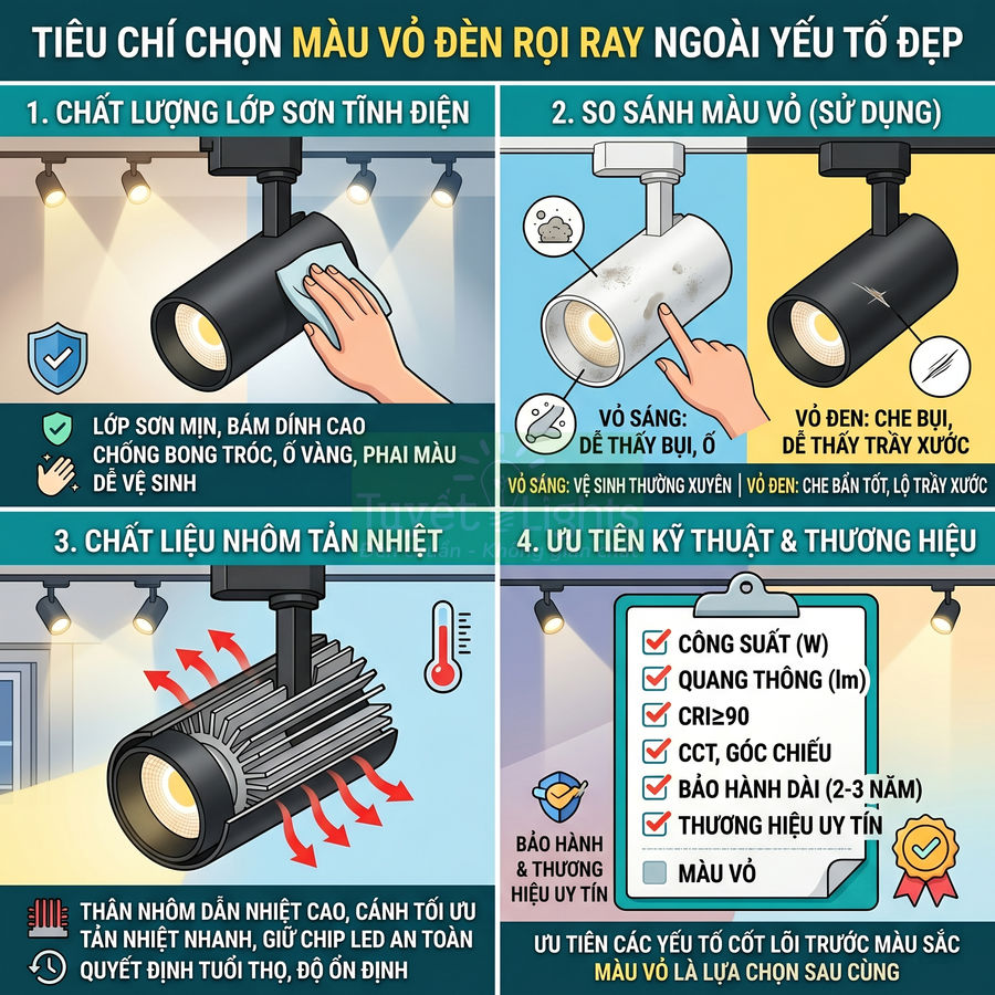Infographic tiêu chí chọn màu vỏ đèn rọi ray, so sánh vỏ sáng và vỏ đen, nhấn mạnh chất liệu nhôm tản nhiệt và thông số kỹ thuật
