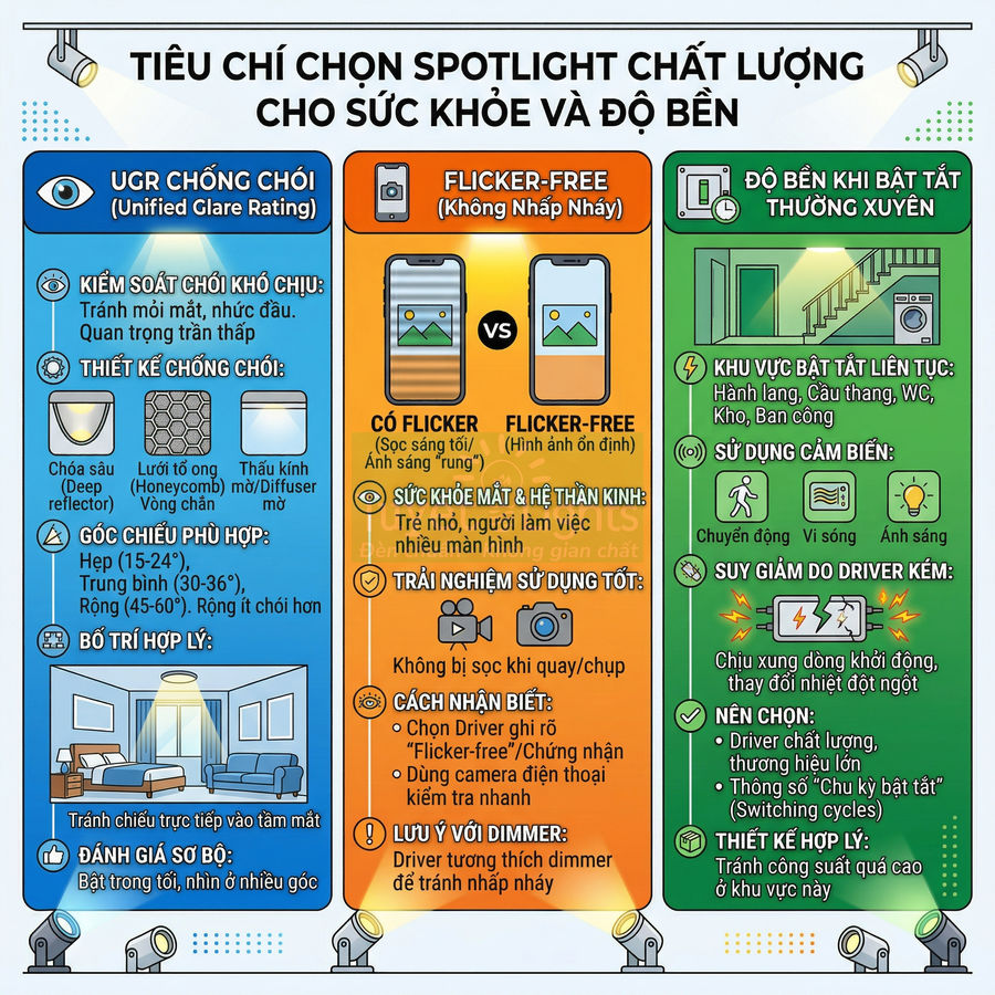 Infographic tiêu chí chọn đèn spotlight chống chói, không nhấp nháy, bền khi bật tắt thường xuyên cho sức khỏe mắt